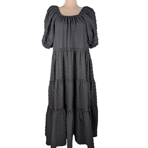 Zara Voluminous Gingham Tiered Textured Black Maxi Dress XS Witchy Goth Peasant